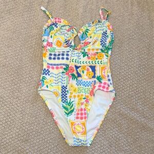 Multi-Color One-Piece Swimsuit with Floral Patchwork